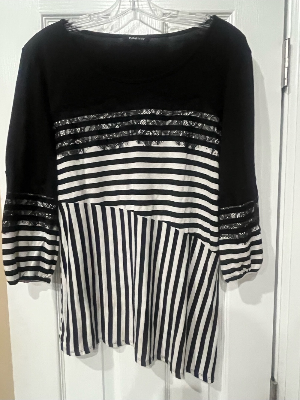 Relativity Black and White Striped Tunic with Lace Accents
